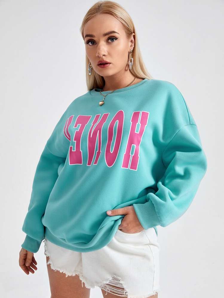  Baby Blue Casual Letter Plus Size Sweatshirts 271