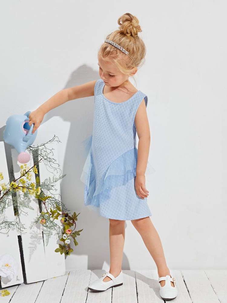 Baby Blue Scoop Neck Sleeveless Contrast Mesh Kids Clothing 2432