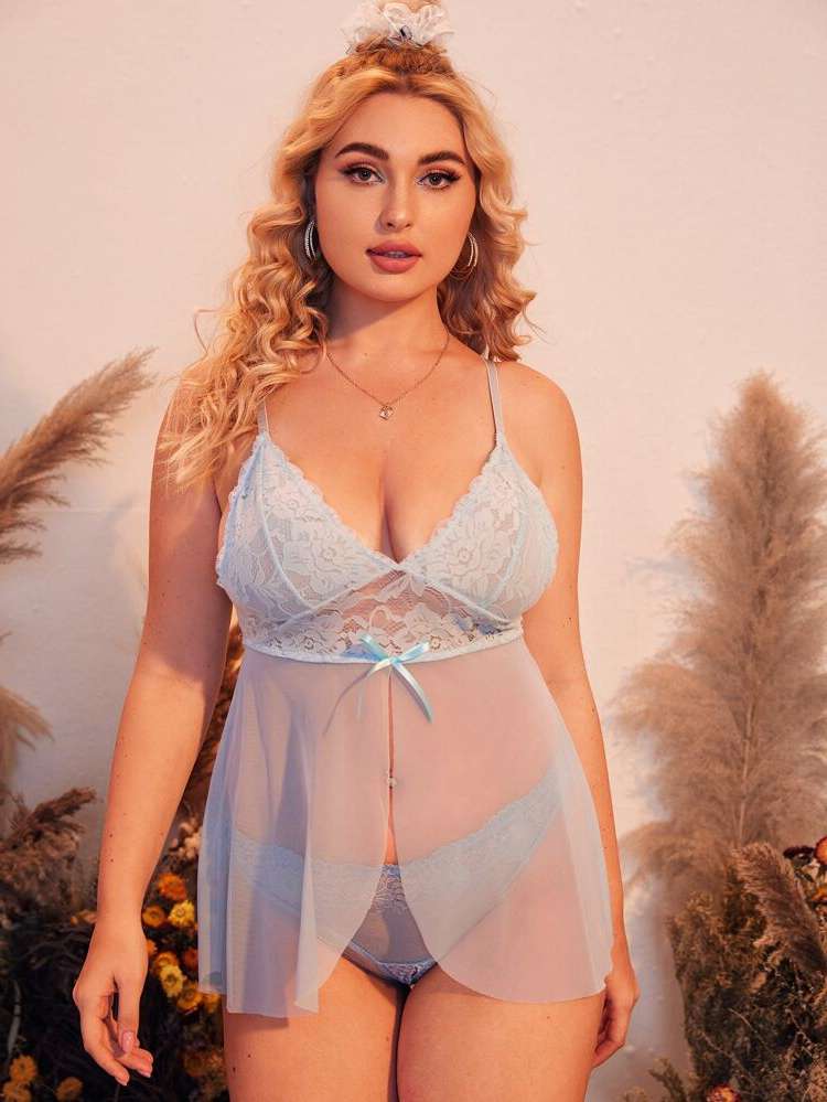 Contrast Lace Baby Blue  Women Plus Intimates 2