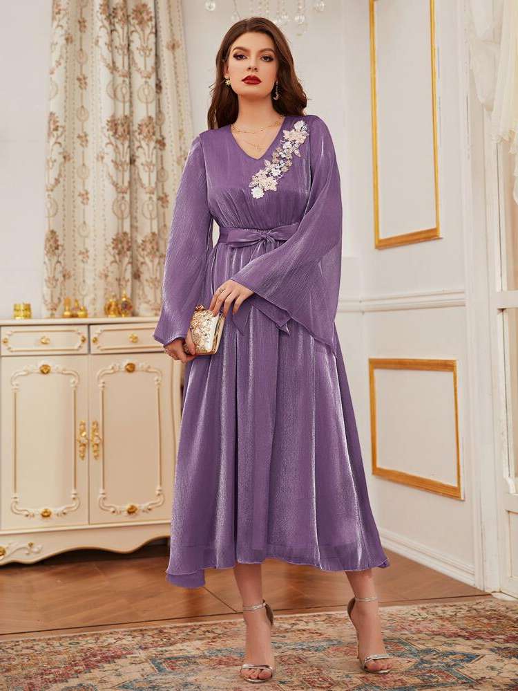  V neck Long Sleeve Belted Women Wedding Party Wear 294