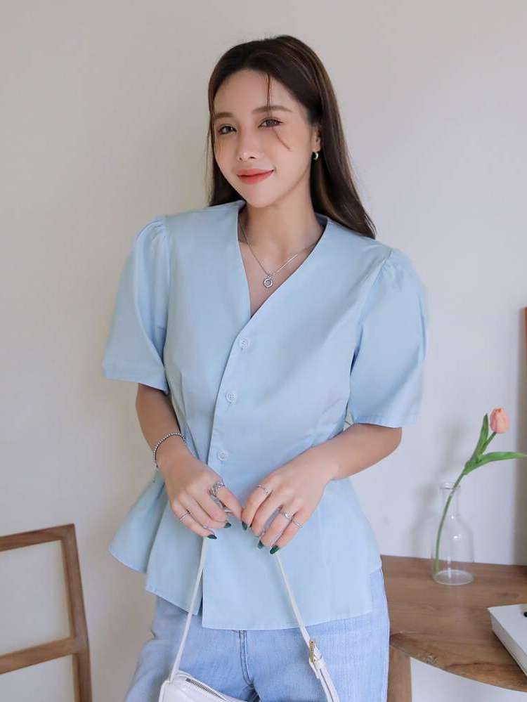  Baby Blue Plain Button Front Women Blouses 8105