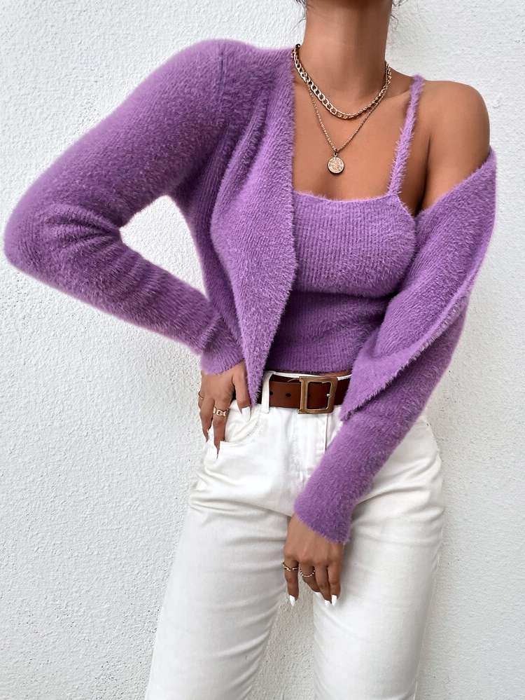  Plain Slim Fit Spaghetti Strap Women Sweater Co-ords 9733