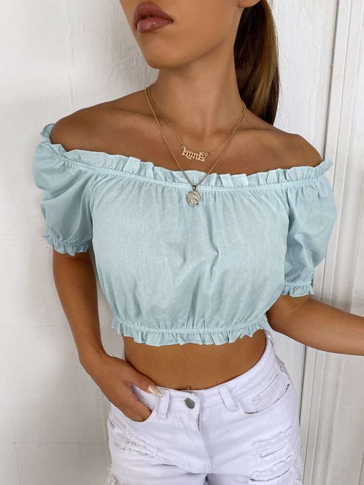 Short Sleeve Boho Baby Blue Crop Women Clothing 8119