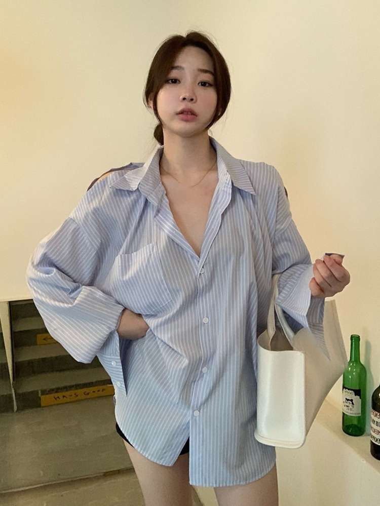 Casual Long Sleeve Baby Blue Long Women Blouses 982