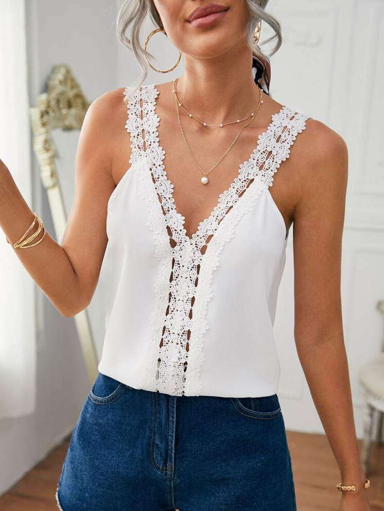  Plain Contrast Lace Women Tops, Blouses  Tee 452