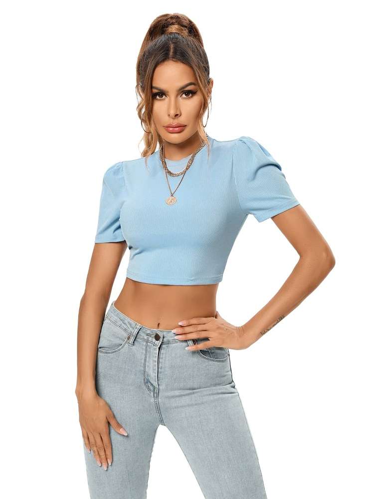 Baby Blue Backless Crop Regular Fit Women T-Shirts 230