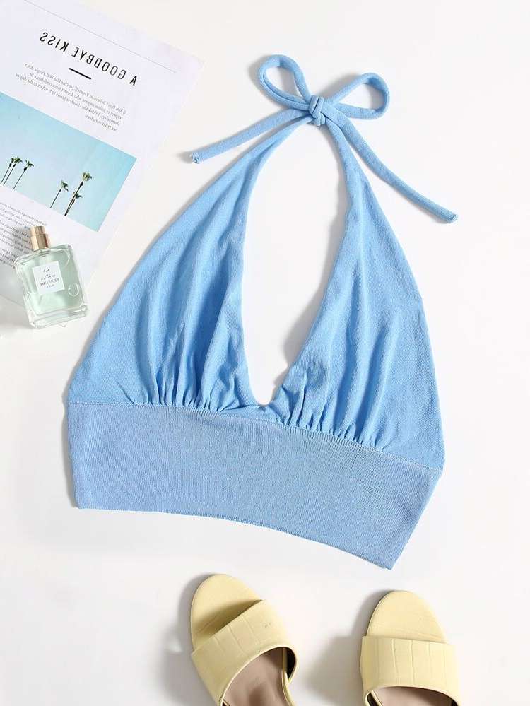 Baby Blue Tie Back Casual Crop Women Knit Tops 203