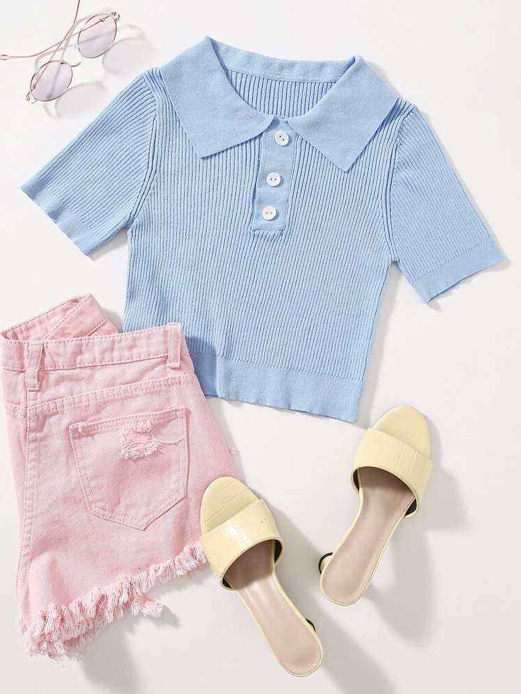 Polo Short Sleeve Baby Blue Casual Women Clothing 9828