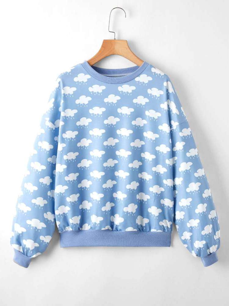 Long Sleeve Baby Blue All Over Print Regular Fit Plus Size Sweatshirts 9224