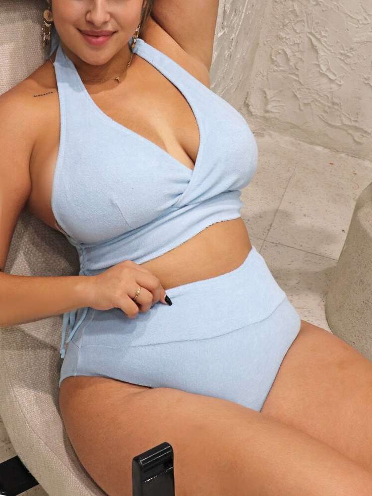 Casual Plain Baby Blue Plus Size Beachwear 1098