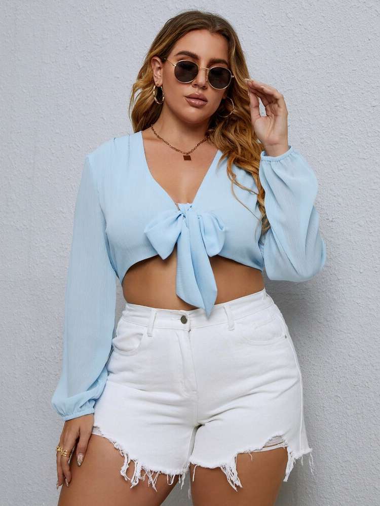 Regular Fit Baby Blue Tie Front Crop Plus Size Tops 8897