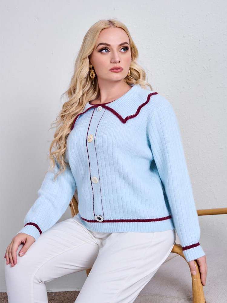 Baby Blue Collar Button Front Regular Plus Size Sweaters 3134