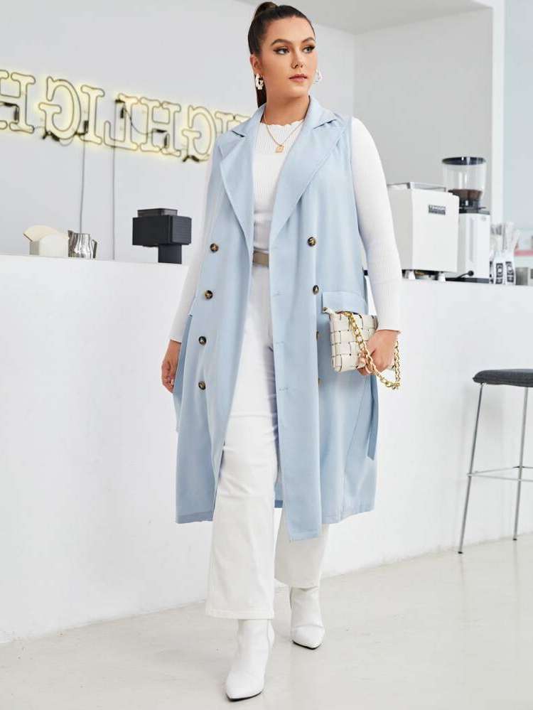 Long Sleeveless Baby Blue Plain Plus Size Trench Coats 3257