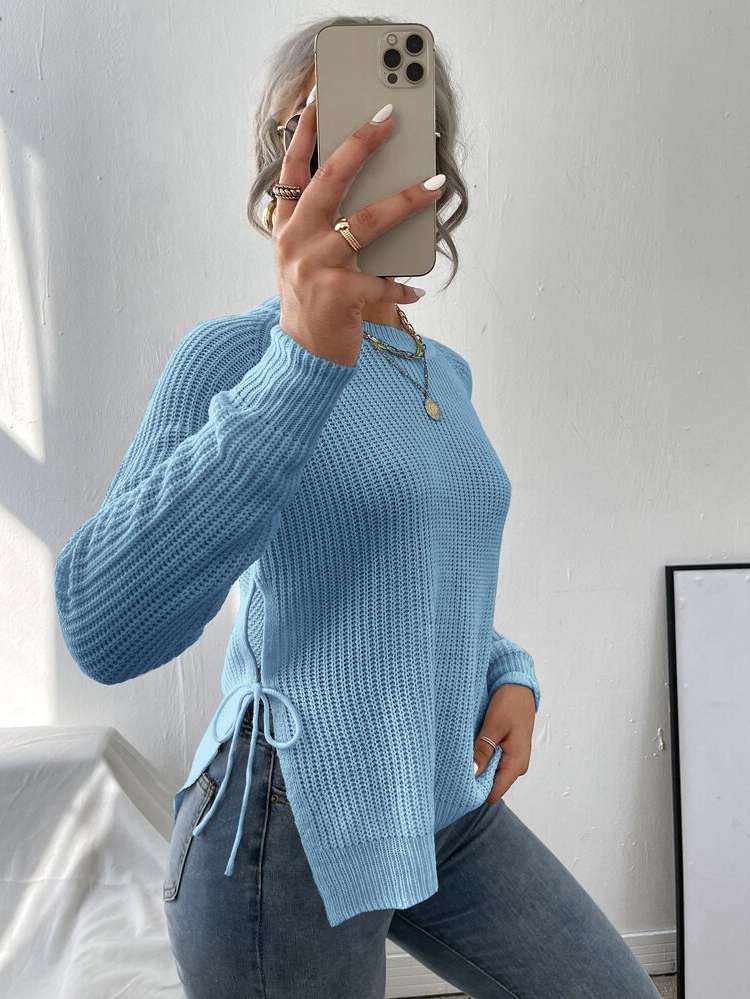 Regular Fit Baby Blue Long Sleeve Casual Women Clothing 96