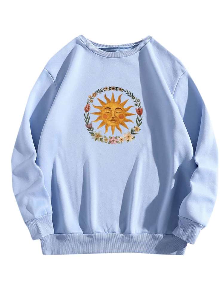 Regular Fit Baby Blue Casual Floral Women Sweatshirts 5237