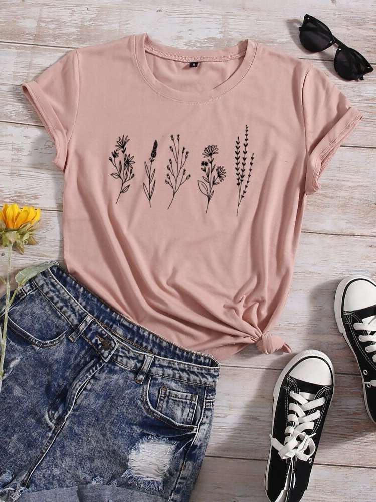 Baby Blue Short Sleeve Floral Regular Fit Women T-Shirts 557