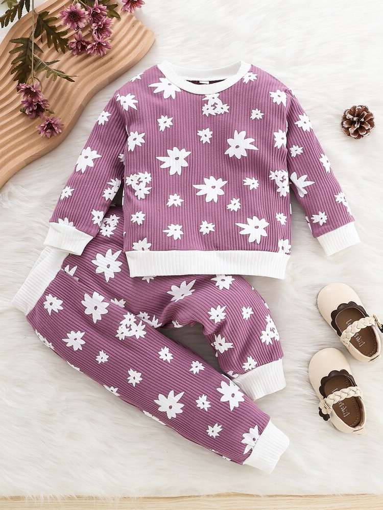 Baby Pink Casual Rib-Knit Long Sleeve Baby Sets 2052