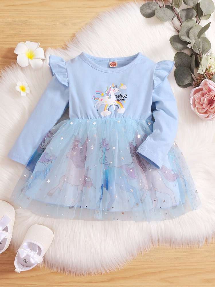 Regular Fit Short Long Sleeve Cute Baby Dresses 5570