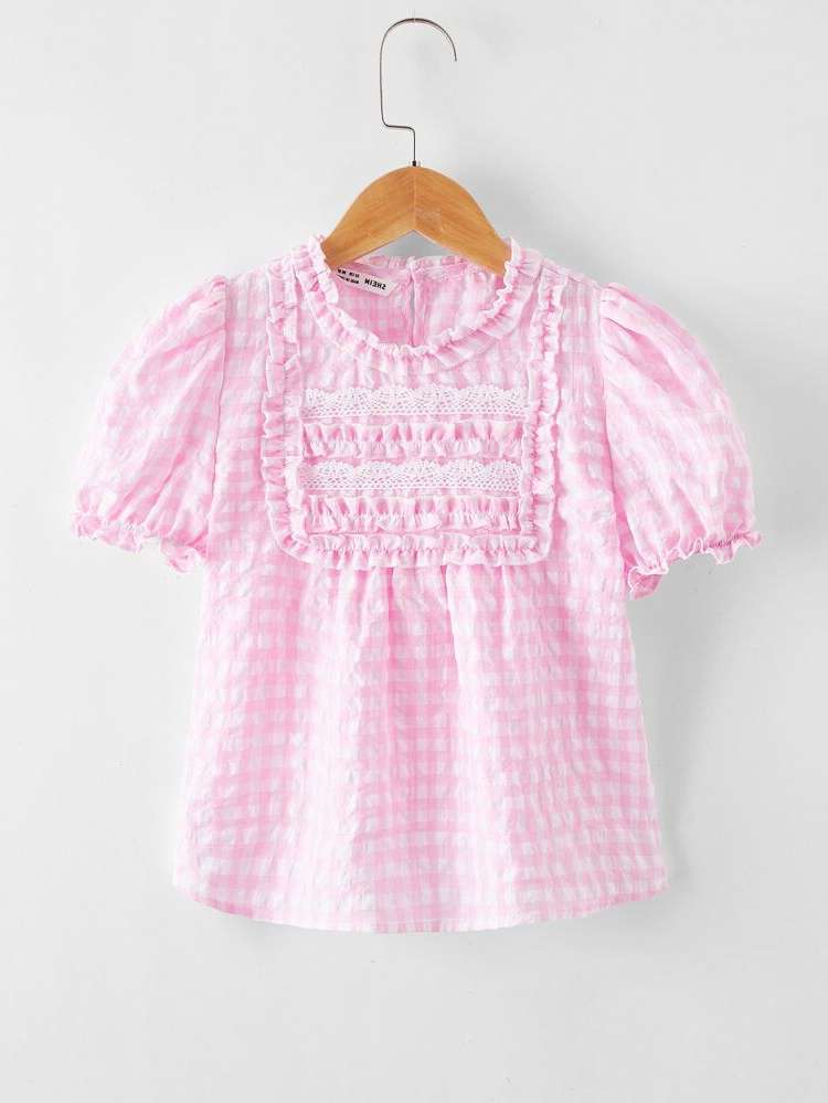 Regular Gingham Round Neck Contrast Lace Girls Clothing 585