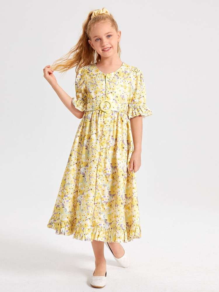  V neck Regular Fit Ruffle Girls Dresses 699