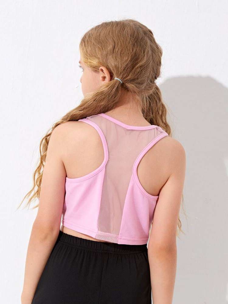 Sporty Crop Plain Contrast Mesh Girls Tank Tops  Camis 3448