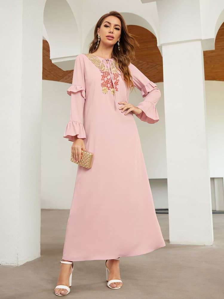 Appliques Floral Round Neck Kaftan  Jalabiya 5037