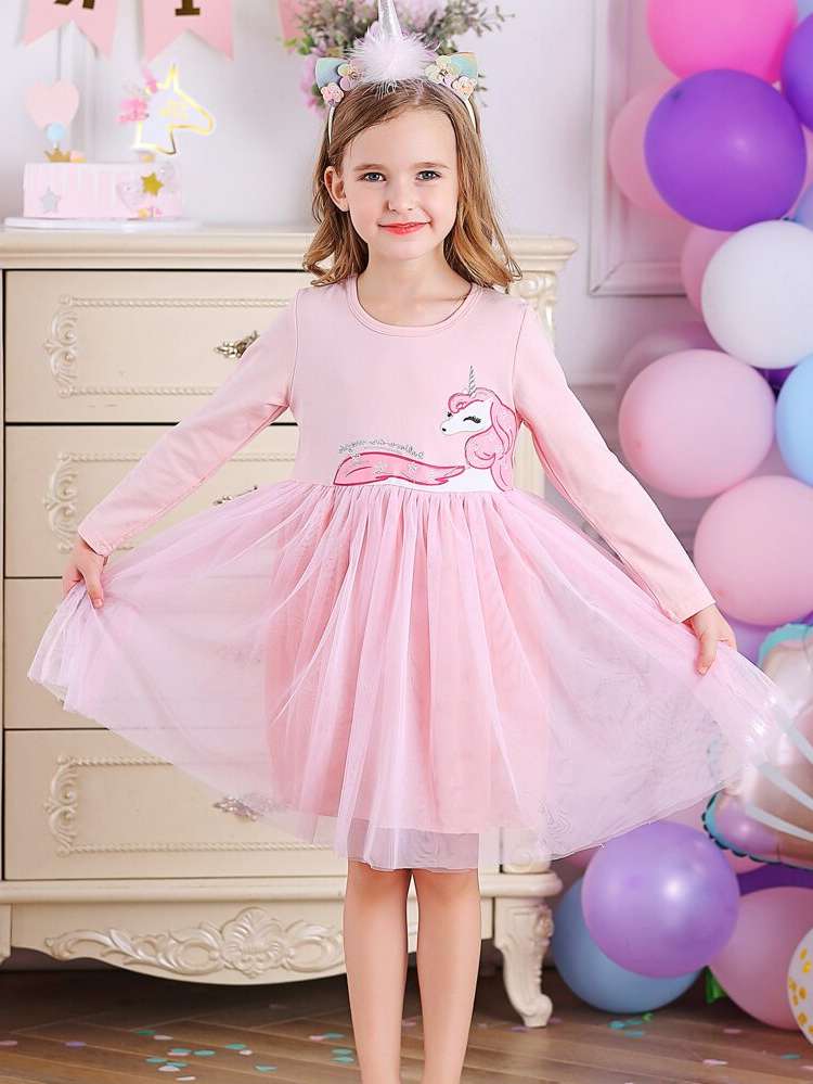 Baby Pink Round Neck Cartoon Glamorous Girls Partywear 349