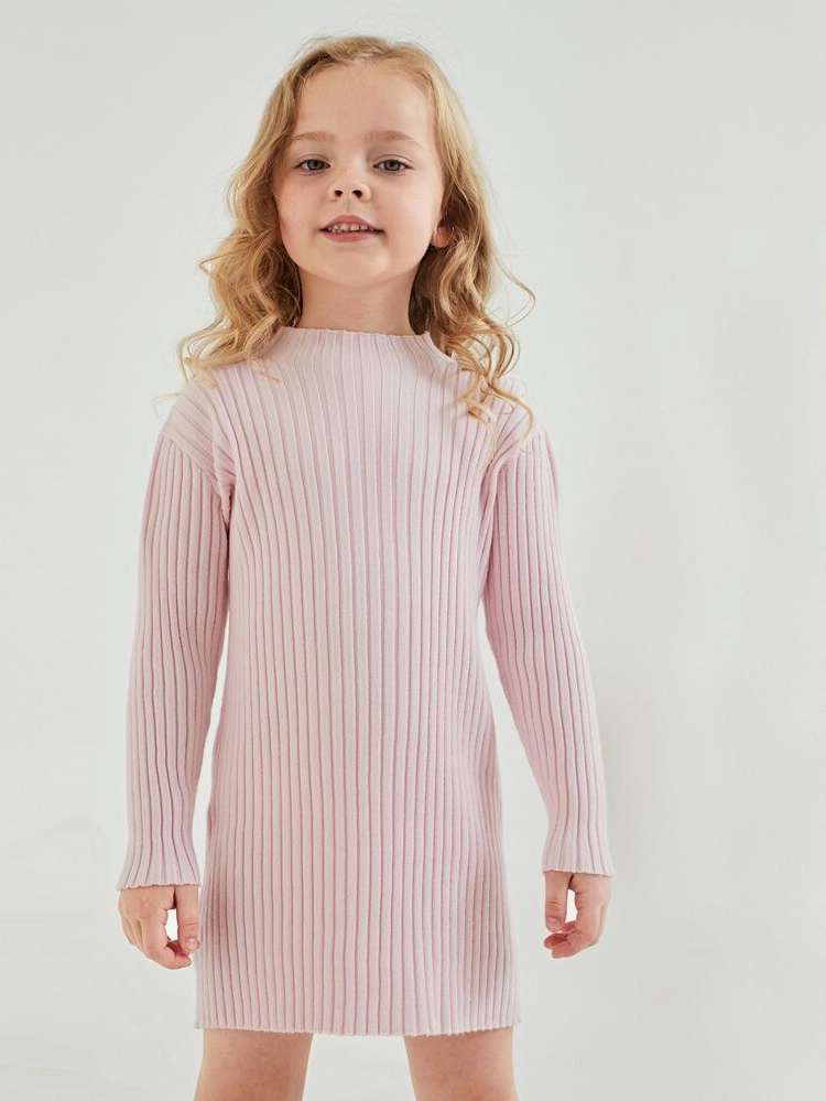 Regular Fit Stand Collar Rib-Knit Plain Toddler Girls Knitwear 2162