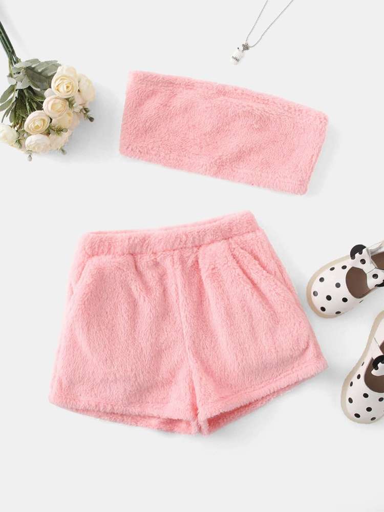  Baby Pink Regular Fit Plain Girls Two-piece Outfits 784