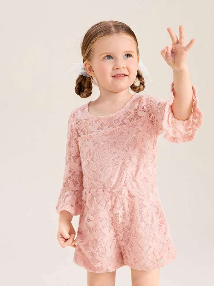 Baby Pink Ruffle Round Neck Three Quarter Length Sleeve Kids Clothing 7169