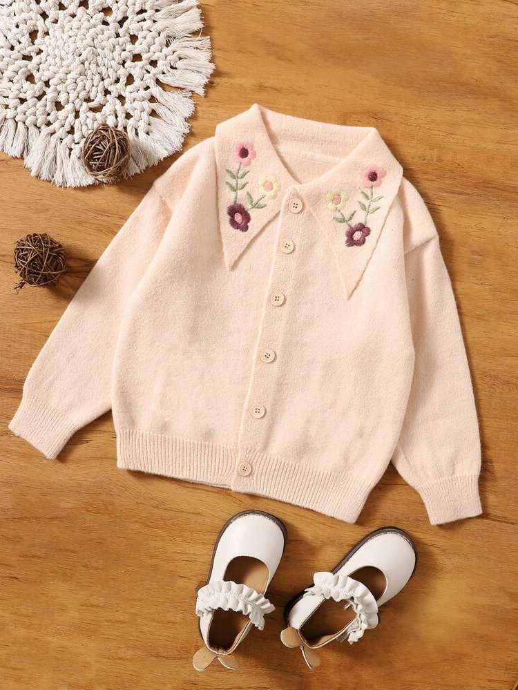 Embroidery Collar Regular Toddler Girls Knitwear 966