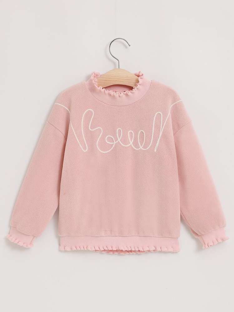 Casual Lettuce Trim Long Sleeve Baby Pink Toddler Girl Sweatshirts 4700