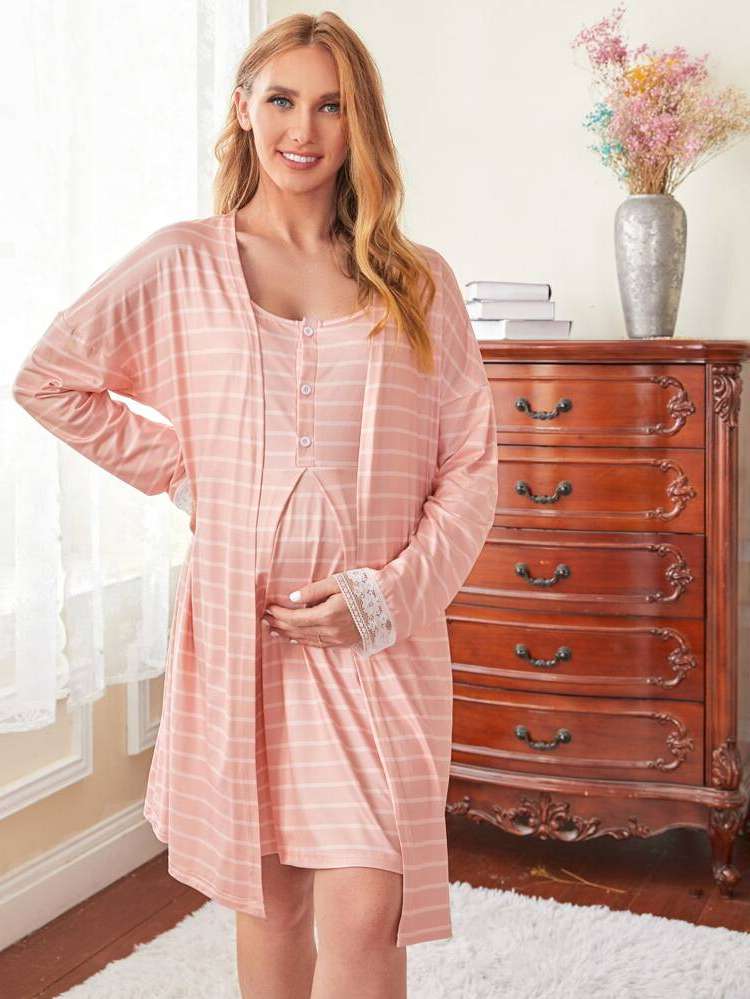  Striped Contrast Lace Maternity Loungewear 442