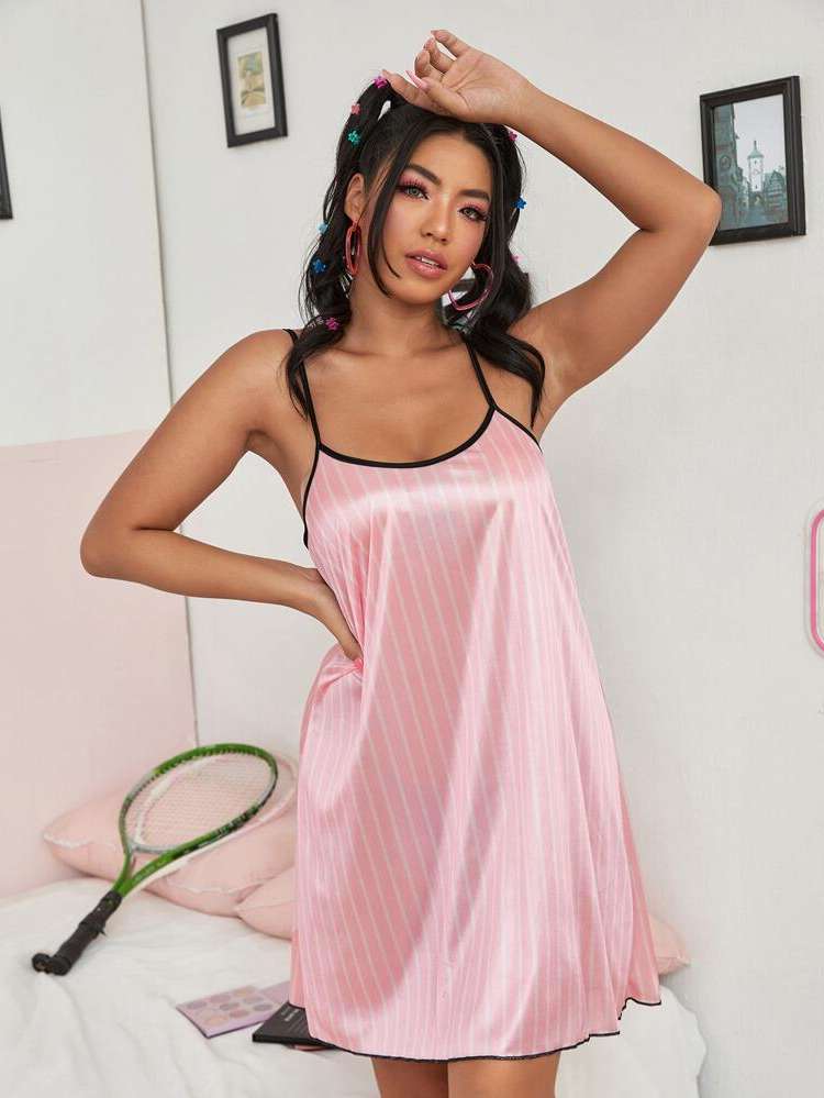 Spaghetti Strap Contrast Binding Striped Underwear  Sleepwear 4129