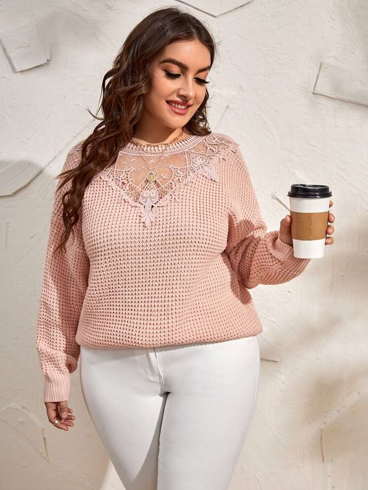 Contrast Lace Baby Pink Round Neck Plus Size Sweaters 150