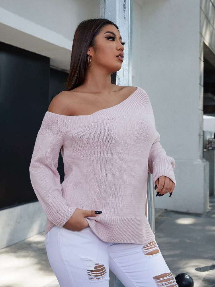 Asymmetrical Neck Regular Fit Regular Plus Size Sweaters 3556