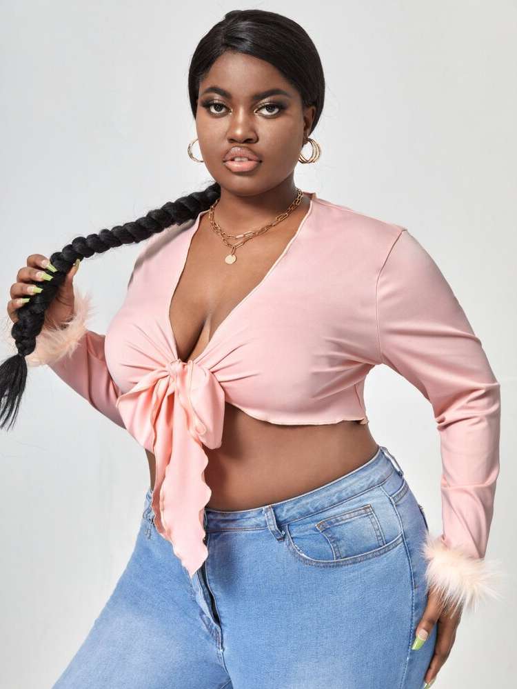 Contrast Faux Fur Plain Crop Long Sleeve Plus Size Tops 7359