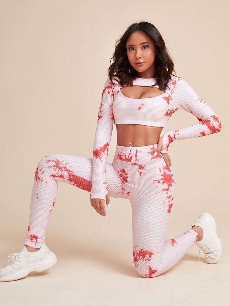 Round Neck Long Sleeve Tie Dye Cut Out Women Activewear 36