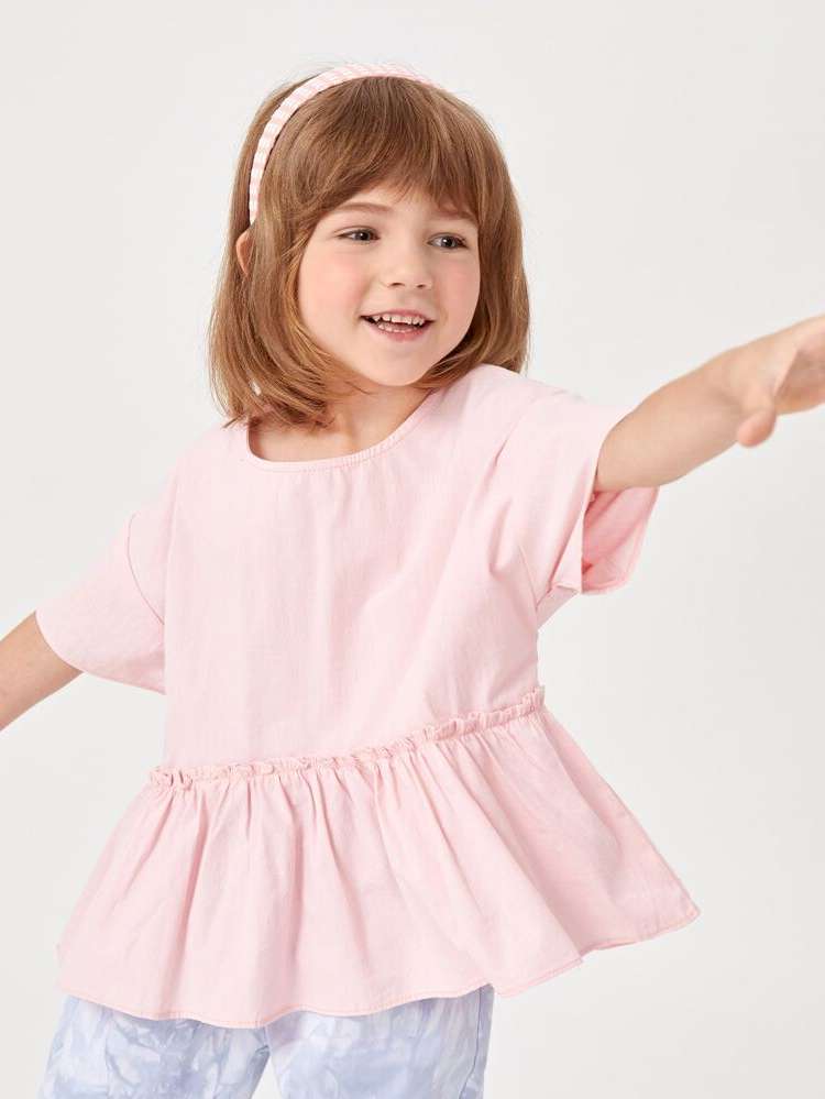 Plain Regular Round Neck Ruffle Hem Toddler Girl Blouses 7745