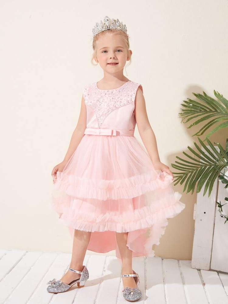 Glamorous Sleeveless Plain Round Neck Toddler Girl Partywear 2375