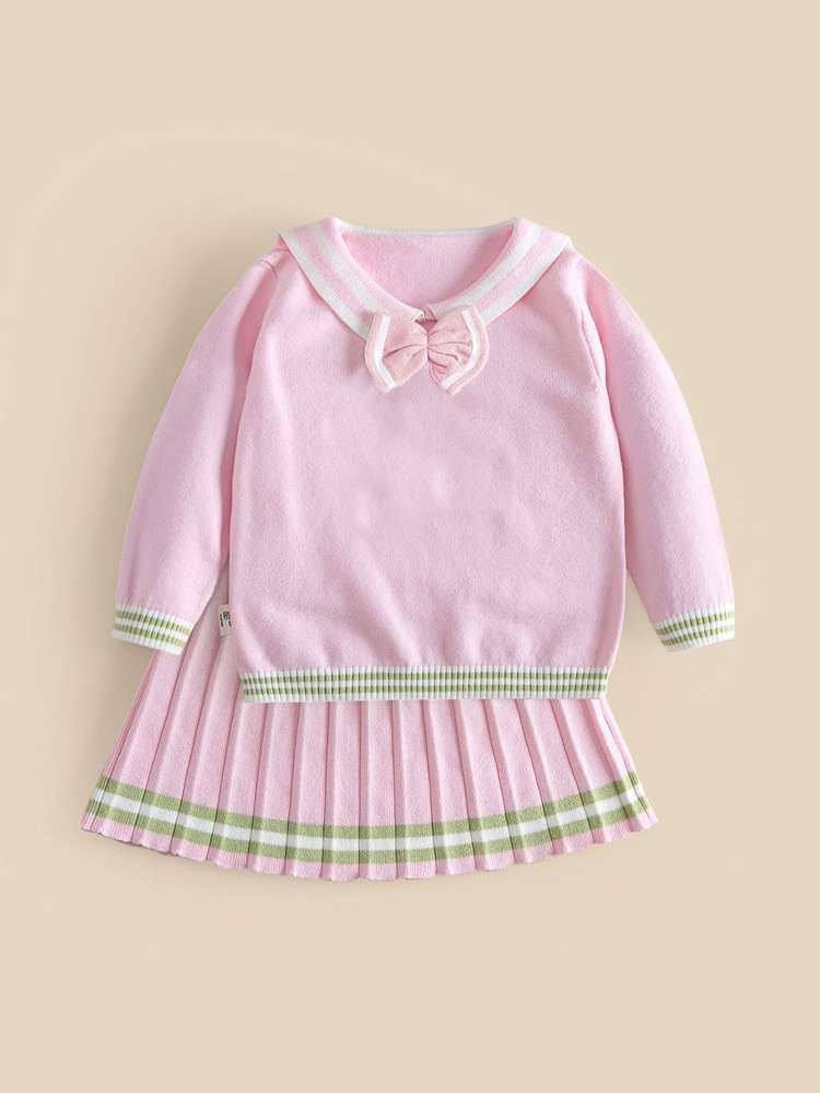 Regular Fit Long Sleeve Bow Baby Pink Toddler Girl Sweater Co-ords 7542