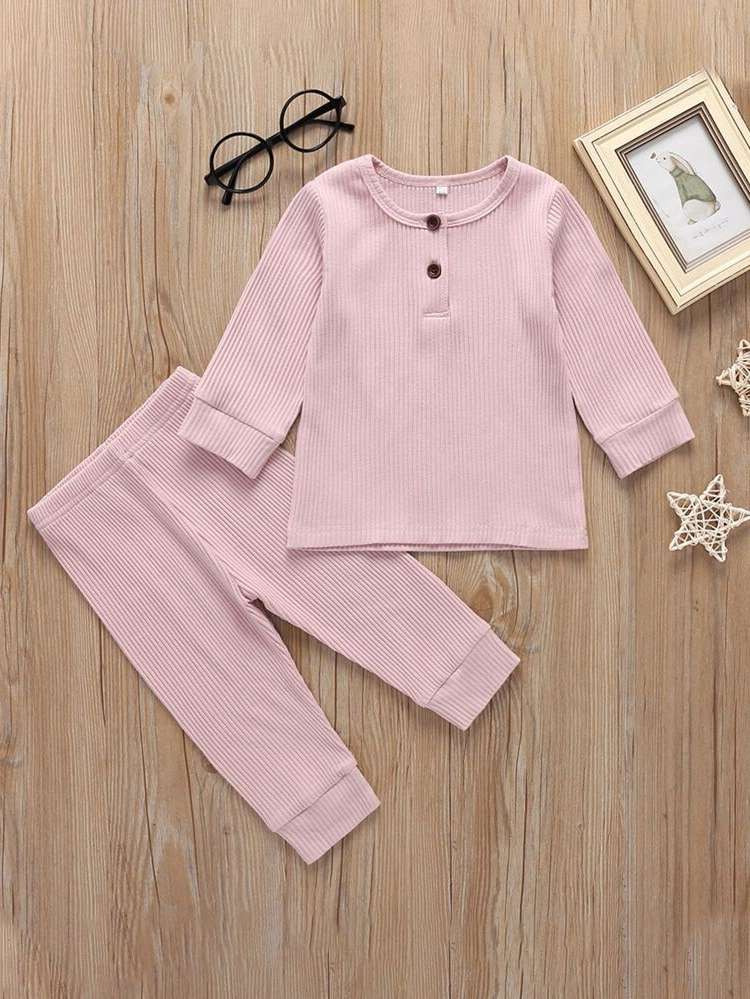 Long Sleeve Regular Fit Plain Toddler Girl Two-piece Outfits 1151