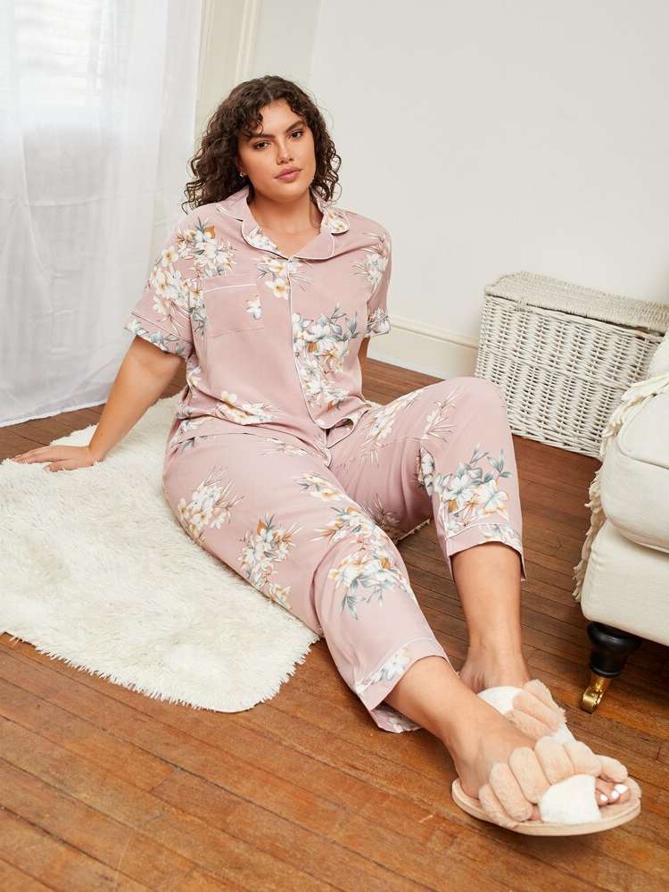 Pocket Elegant Floral Women Plus Sleep  Lounge 3956