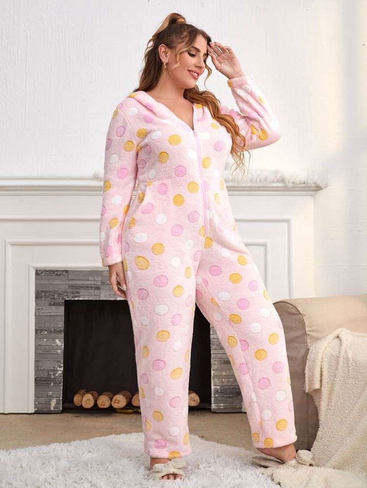  Long Sleeve Polka Dot Cute Plus Size Sleep Jumpsuits 2758