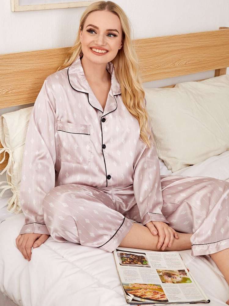 Lapel  Baby Pink Plus Size Pajama Sets 792