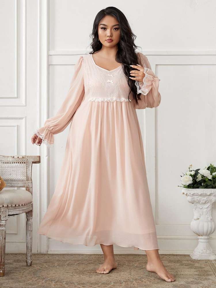 Plain Baby Pink V neck Plus Size Nightgowns  Sleepshirts 3460