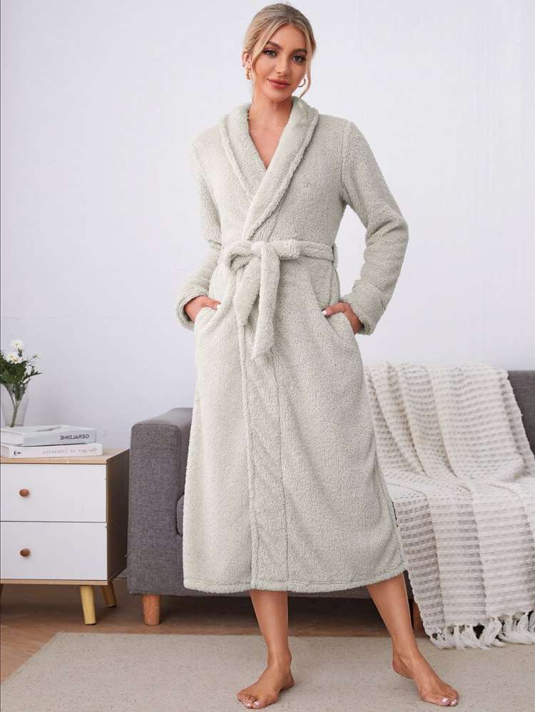 Long Sleeve Plain Belted Women Sleep  Lounge 6944