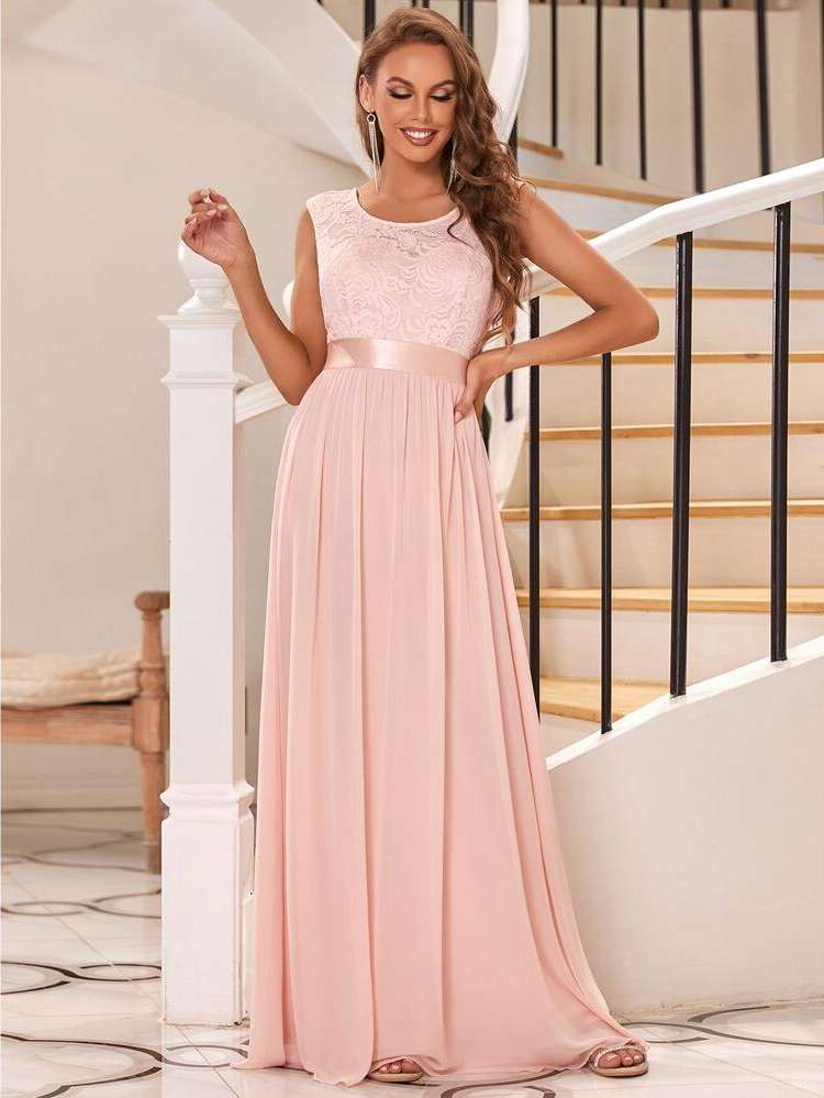  Round Neck Baby Pink Contrast Lace Women Wedding Party Wear 5846