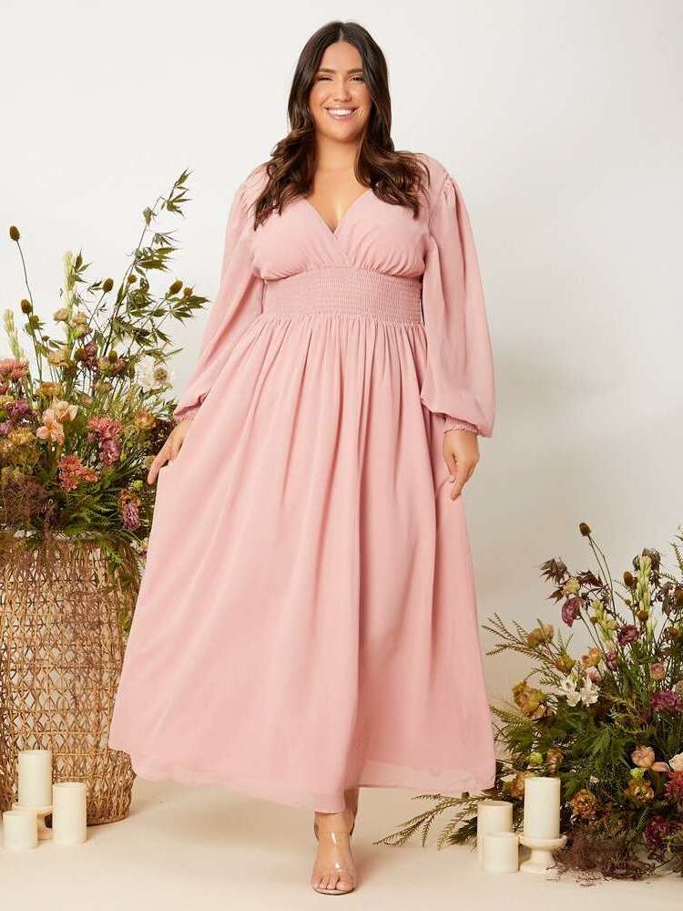 Elegant Regular Fit Baby Pink Deep V Neck Plus Size Wedding Party Wear 401