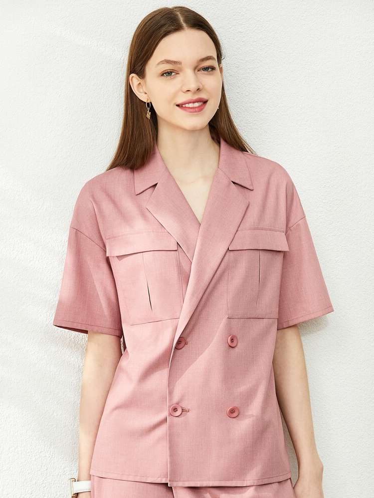 Double Button Baby Pink Lapel Regular Women Blouses 6911